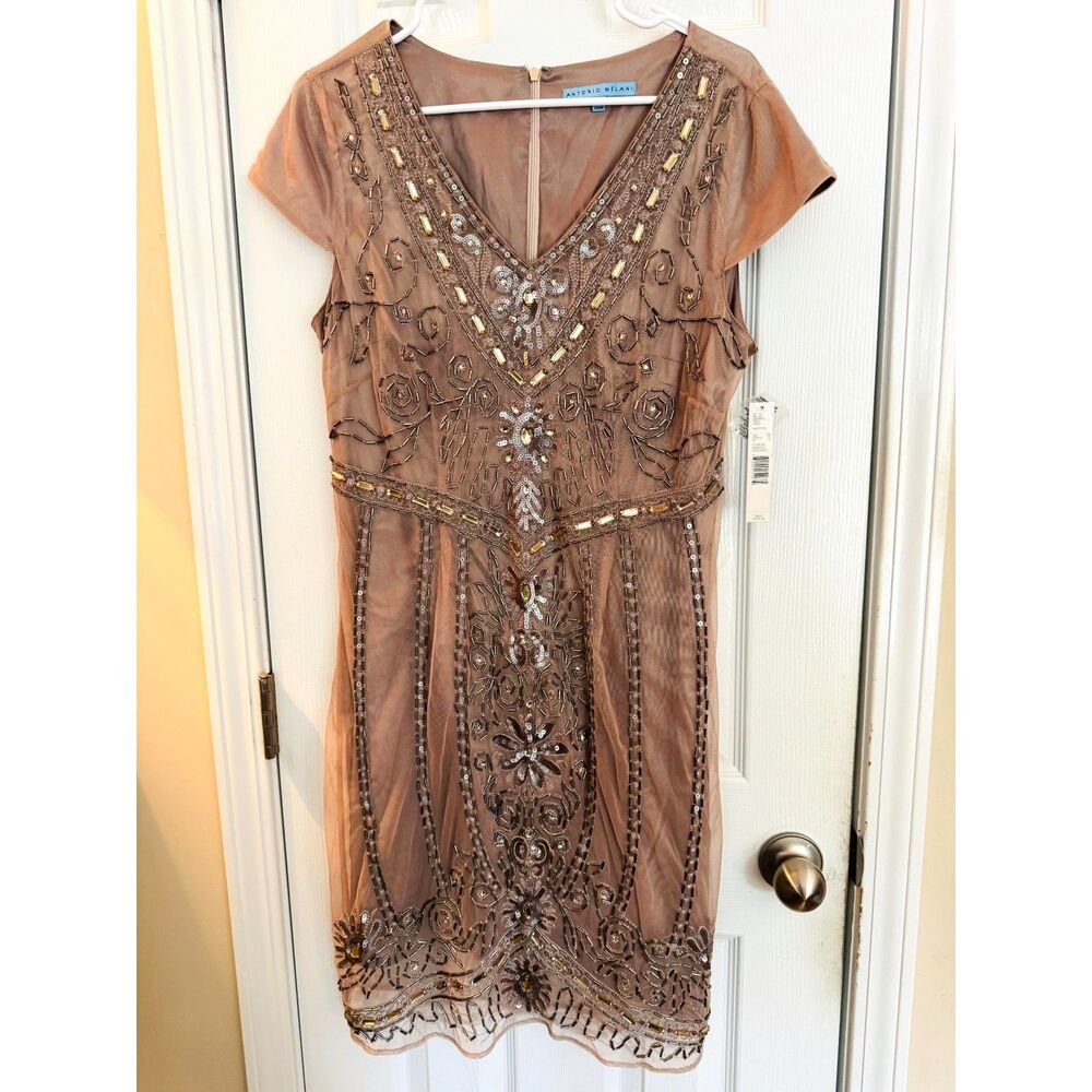 NWT Antonio Melani Nude Beige Beaded Cocktail Dress Sz 12 Embellished Sequin - Picture 3 of 12